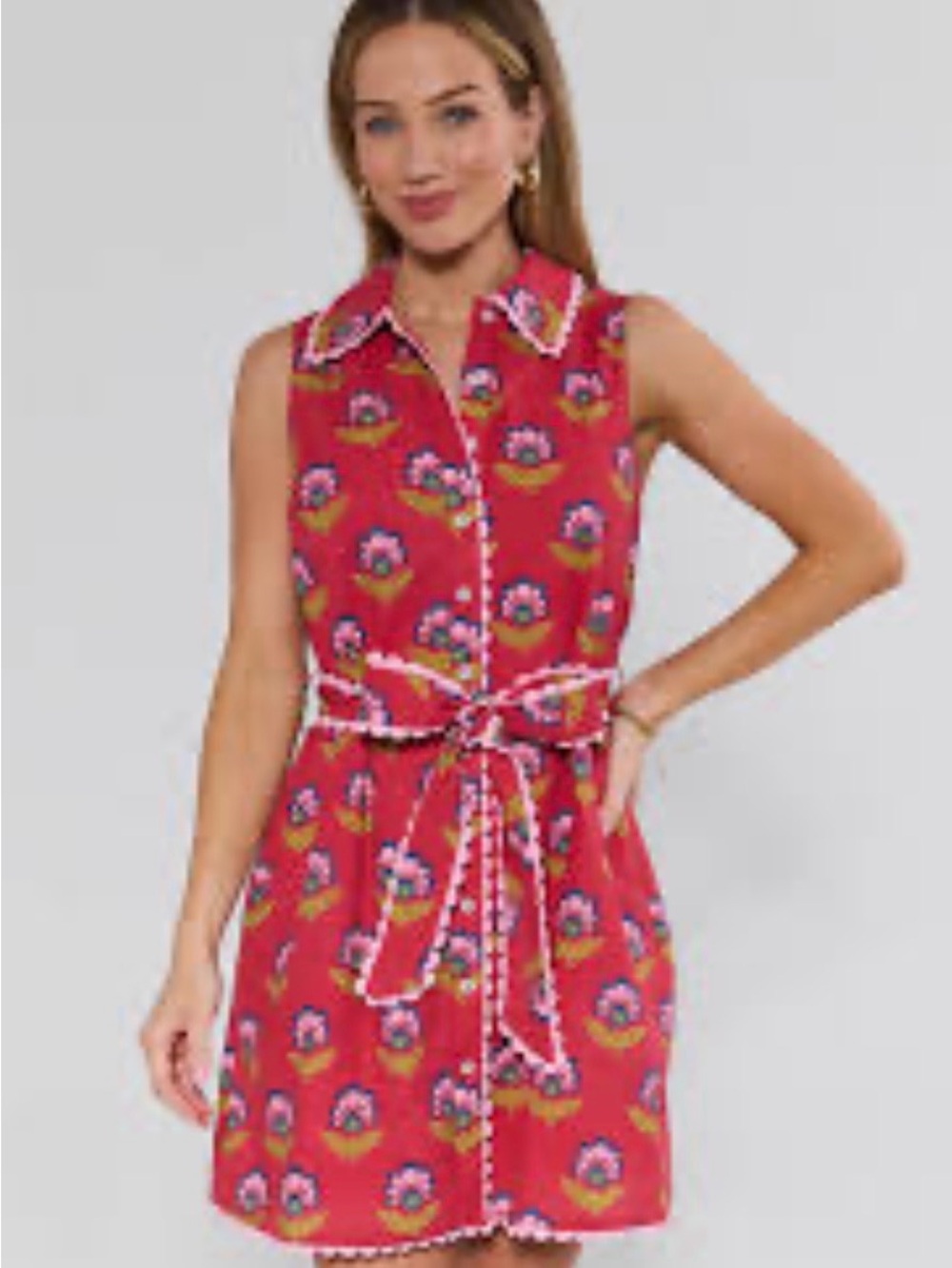 TCEC Red Floral Collared Tie-Waist Mini Dress